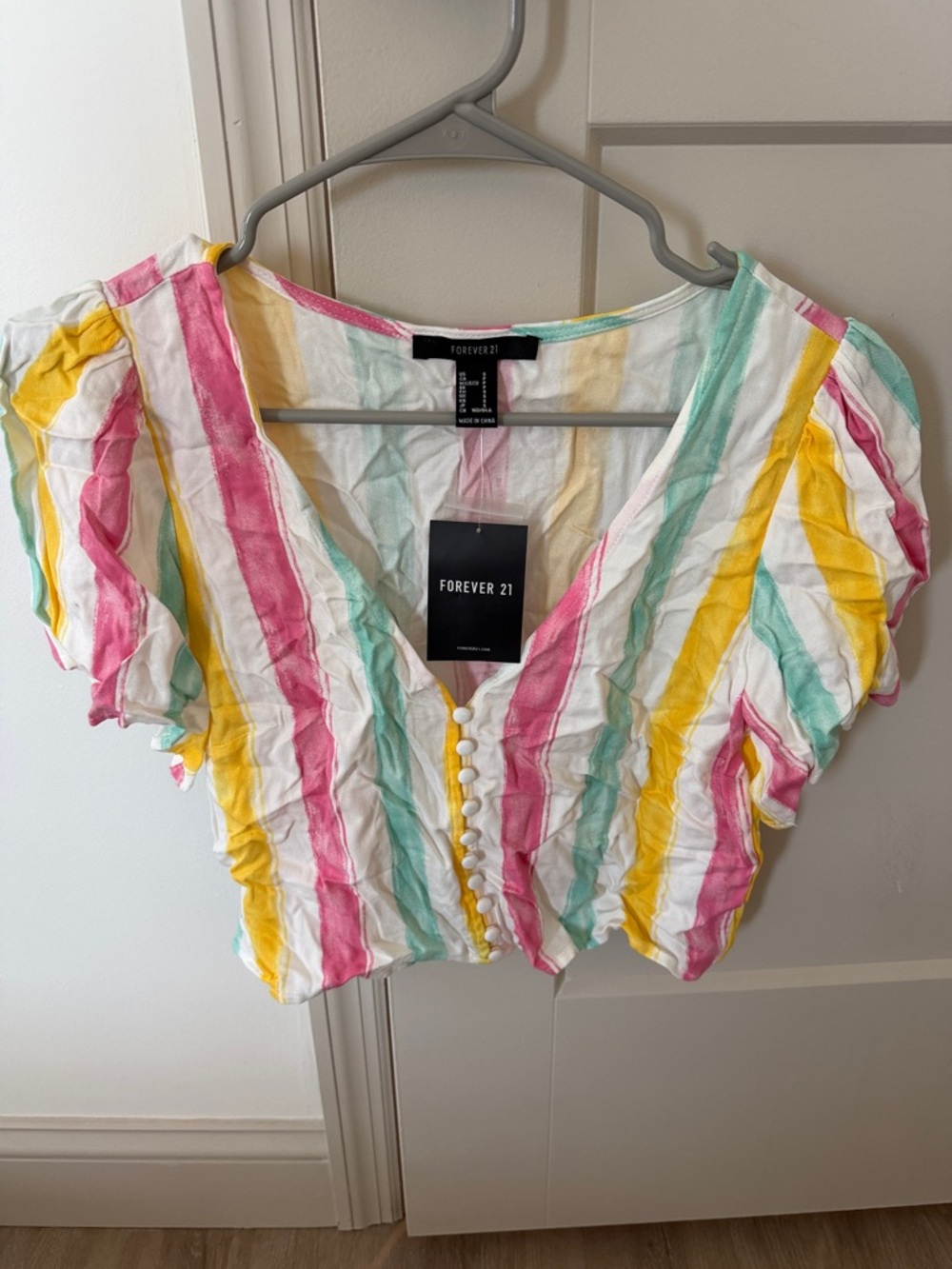 Forever 21 Pink, Yellow, Mint & White Striped Button-Front Crop Top